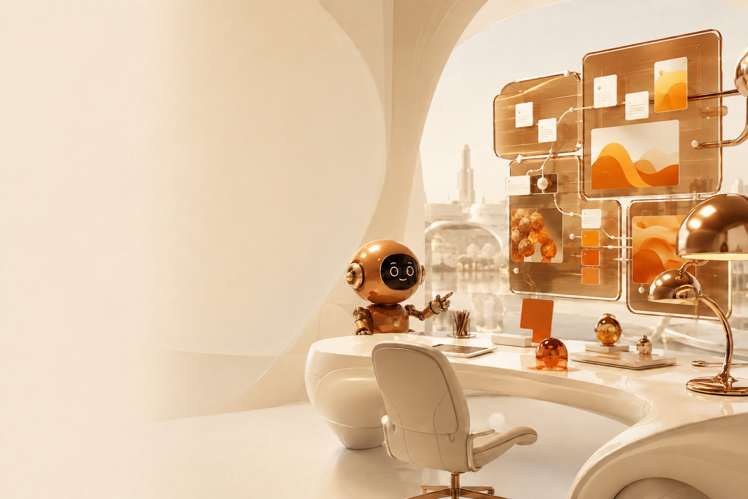 A futuristic creative workshop with a friendly robot and connected campaign screens